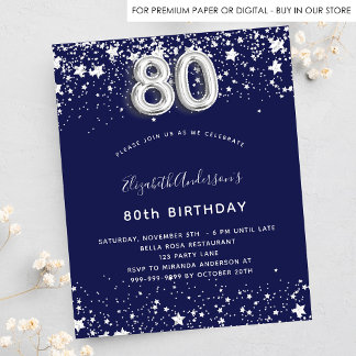 80. Geburtstag Marine blau Silber Einladung Flyer