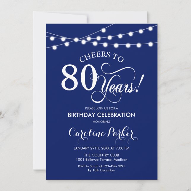 80. Geburtstag - Navy Blue White Einladung (Vorderseite)
