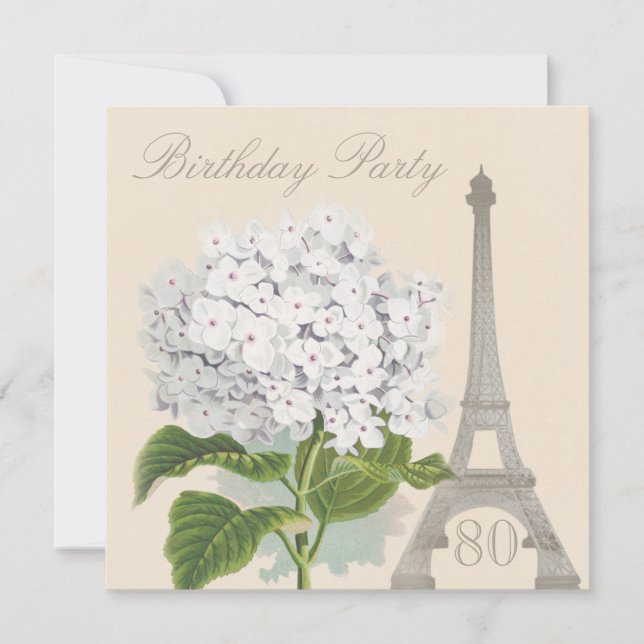 80. Geburtstag Paris Vintag White Hydrangea Blume Einladung (Vorderseite)