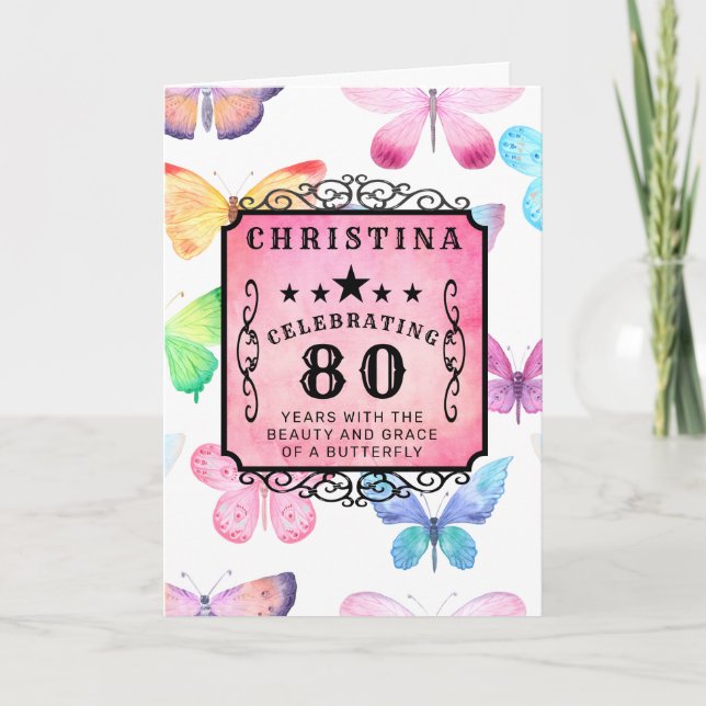 80. Geburtstag Pink Aquarellblume Gruß Karte (Vorderseite)