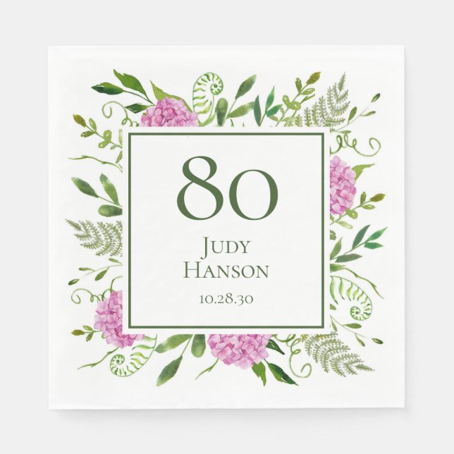 80. Geburtstag Pink Hydrangeas Serviette (Vorderseite)