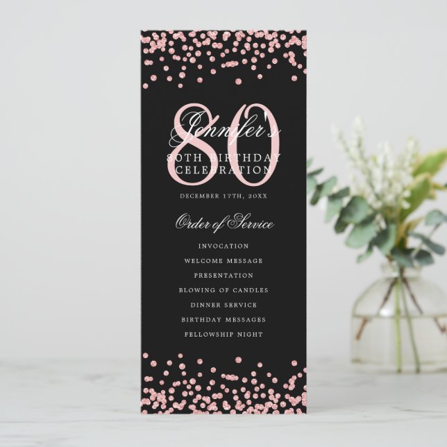 80 Geburtstag Programm Rose Gold Confetti Menü Bla (Stehend Vorderseite)