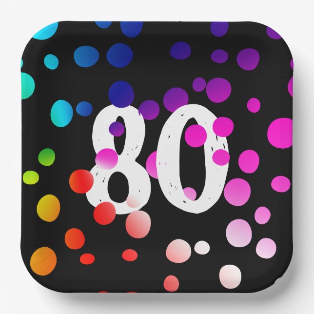 80. Geburtstag Rainbow Dots auf Black Pappteller (Vorderseite)