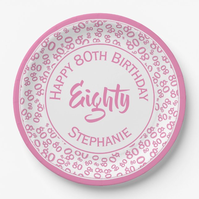 80. Geburtstag Random Zahlenmuster Pink/Weiß Pappteller (Vorderseite)