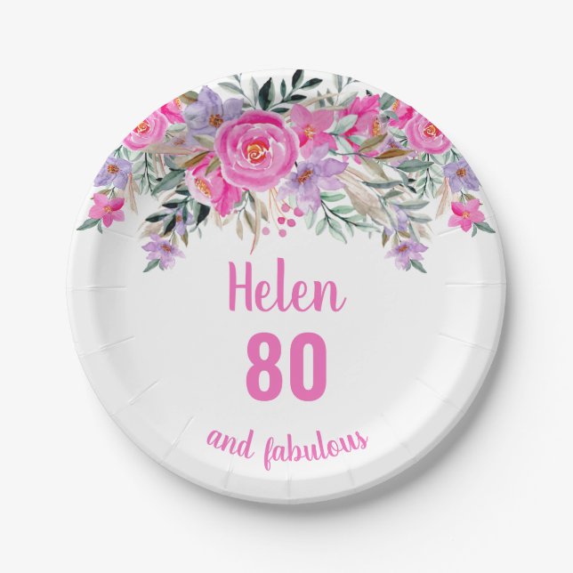 80. Geburtstag rosa Aquarellblüte Pappteller (Vorderseite)