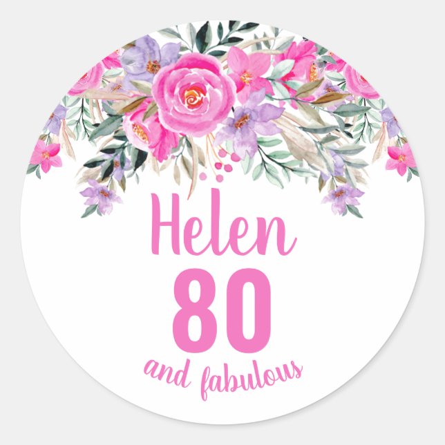 80. Geburtstag rosa Aquarellblüte Runder Aufkleber (Vorderseite)