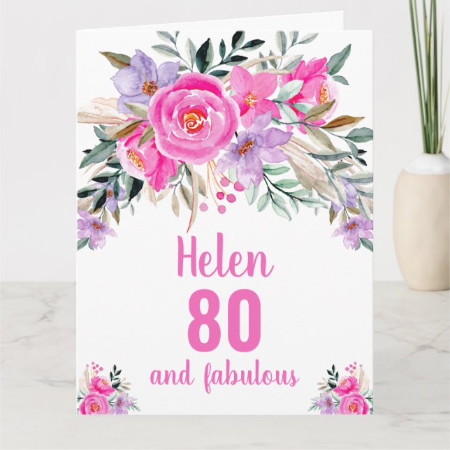 80. Geburtstag rosa Aquarellkarte Karte (Vorderseite)