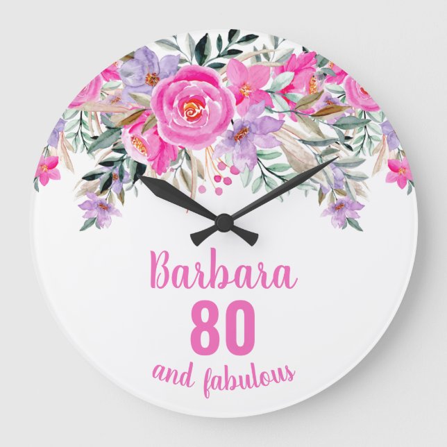 80. Geburtstag rosa Blüte Große Wanduhr (Vorderseite)