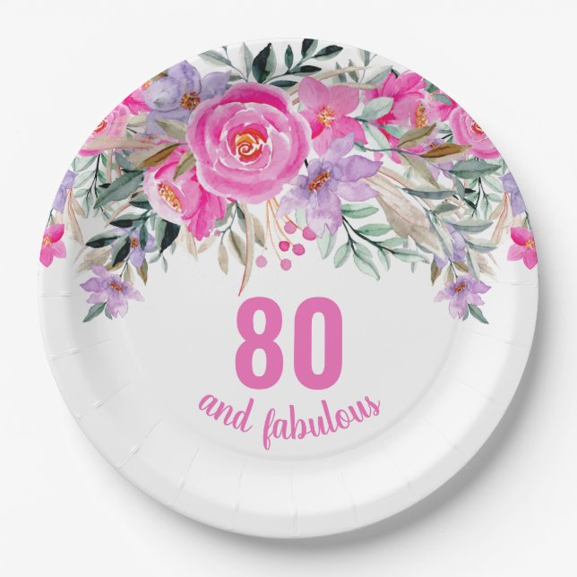 80. Geburtstag rosa Blüte Pappteller (Vorderseite)