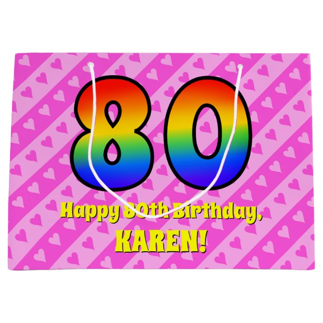 80. Geburtstag: Rosa Streifen & Herz, Regenbogen # Große Geschenktüte (Vorderseite)