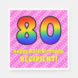 80. Geburtstag: Rosa Streifen & Herz, Regenbogen # Serviette