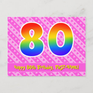 80. Geburtstag: Rosa Streifen & Herzen, Regenbogen Postkarte