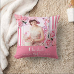 80. Geburtstag Rosa weiße Streifen Blumenstrauß Fo Kissen<br><div class="desc">Ein Geschenk für eine Frau 80. Geburtstag. Klassische,  schmale rosa und weiße Streifen als Hintergrund. Mit mädchenhaften und femininen Blume,  rosa Rosen und Pfannkuchen als Dekoration. Ein Rahmen vorne mit Vorlagen für das Alter von 80 Jahren,  Name und Daten. Vorlage für Ihr eigenes vertikales Foto.</div>