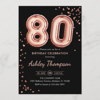 80. Geburtstag - Rose Gold Balloons Black Einladung