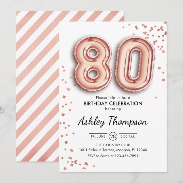 80. Geburtstag - Rose Gold Balloons Einladung (Vorne/Hinten)