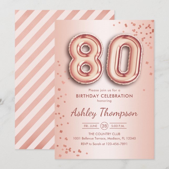 80. Geburtstag - Rose Gold Balloons Einladung (Vorne/Hinten)
