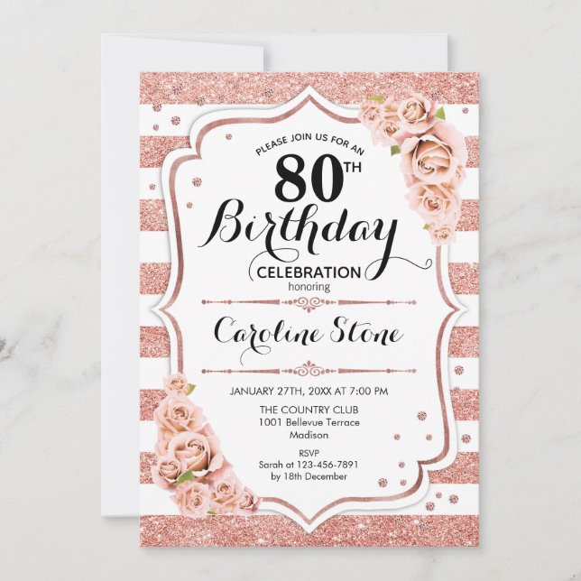 80. Geburtstag - Rose Gold Weiße Streifen Einladung (Vorderseite)