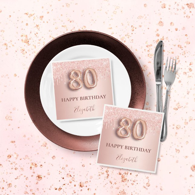 80. Geburtstag Rose Goldblush Glitzer Tropfen Name Serviette (Von Creator hochgeladen)