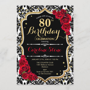 80. Geburtstag - Rote Rosen Gold Black Damask Einladung
