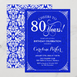 80. Geburtstag - Royal Blue White Damask Einladung