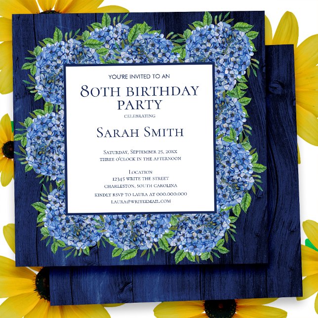 80. Geburtstag Rustic Wood Blue Hydrangeas Party Einladung (Von Creator hochgeladen)