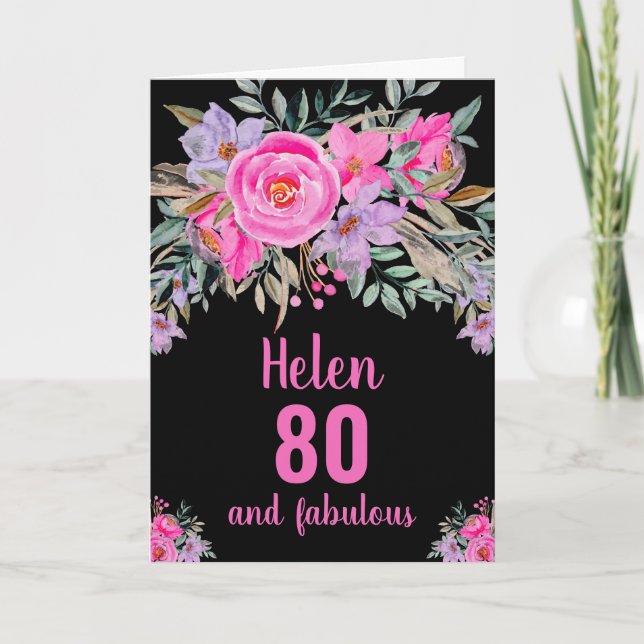 80. Geburtstag schwarz rosa Aquarellkarte Karte (Vorderseite)