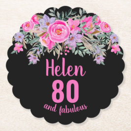 80. Geburtstag schwarz rosa Blumenschrift Name Untersetzer