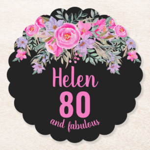 80. Geburtstag schwarz rosa Blumenschrift Name Untersetzer