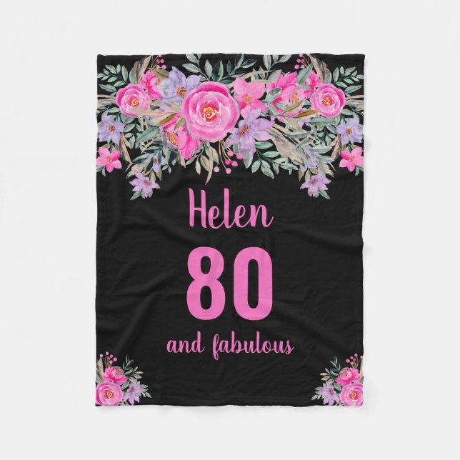 80. Geburtstag schwarz rosa Blumenvlies Decke (Vorderseite)