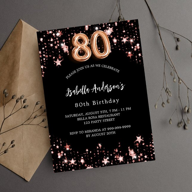 80. Geburtstag schwarze Rose goldene Sterne Einladungspostkarte (Von Creator hochgeladen)