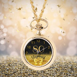 80. Geburtstag schwarzer goldener Name eleganter B Armbanduhr<br><div class="desc">Elegant, klassisch, glamourös und feminin. Ein Imitat mit goldfarbenem Bogen und Band mit goldenem Glitzer und Funkeln, ein bisschen Bling und Luxus für ein Geburtstagsgeschenk oder Sake. Schwarzer Hintergrund. Vorlagen für ihren Namen und das Alter von 80 Jahren. Der Name ist mit einem modernen handgeschriebenen Stilskript geschrieben. goldfarbene Zahlen von...</div>