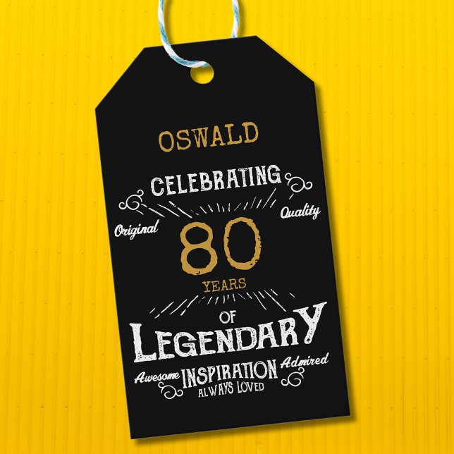 80. Geburtstag Schwarzes Gold Legendary Vintag Geschenkanhänger (Personalized elegant 80th birthday vintage gift labels.)