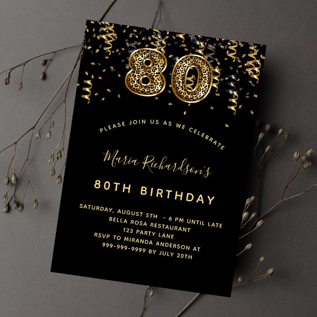 80. Geburtstag schwarzes Gold leopard Druck Luxus Einladungspostkarte (Von Creator hochgeladen)