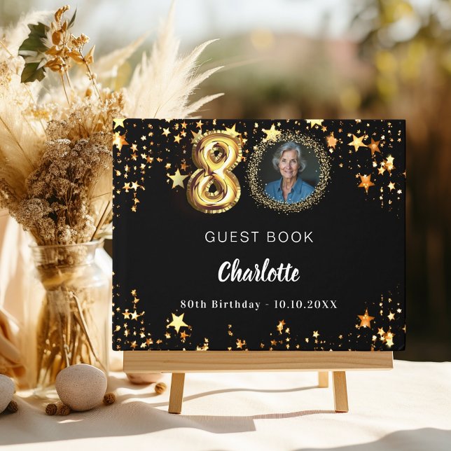 80. Geburtstag Schwarzes Gold-Sterne-Foto Gästebuch (Von Creator hochgeladen)
