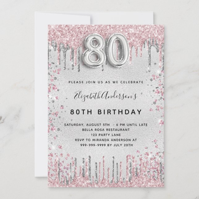 80. Geburtstag silber pink Metall Glitzer Staub Einladung (Vorderseite)