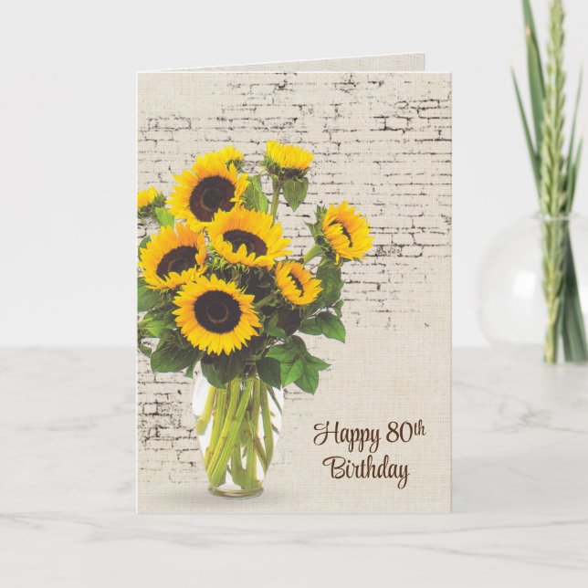 80. Geburtstag Sonnenblume Bouquet auf Brick Karte (Vorderseite)