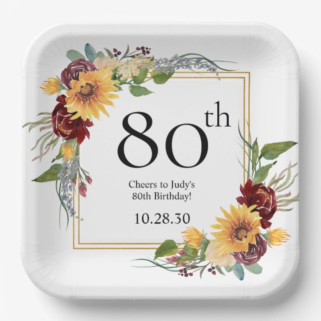 80. Geburtstag Sonnenblumen Pappteller (Vorderseite)