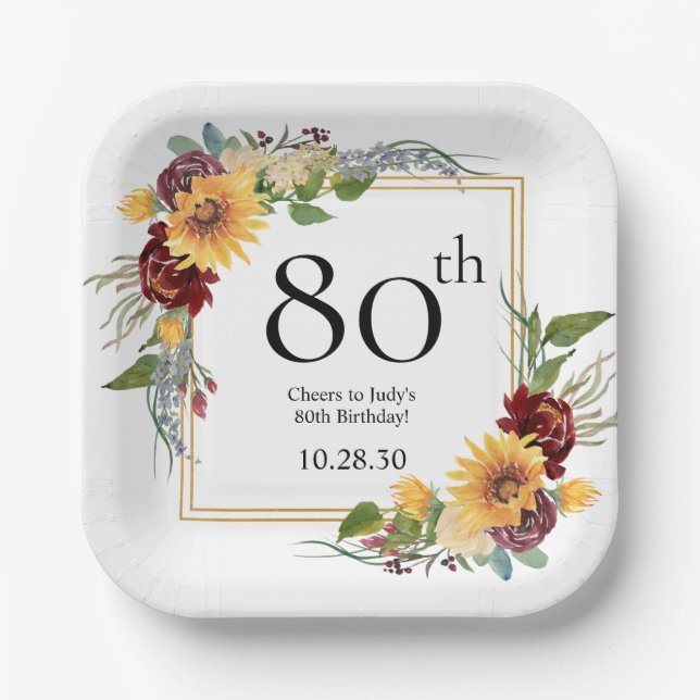 80. Geburtstag Sonnenblumen Pappteller (Vorderseite)