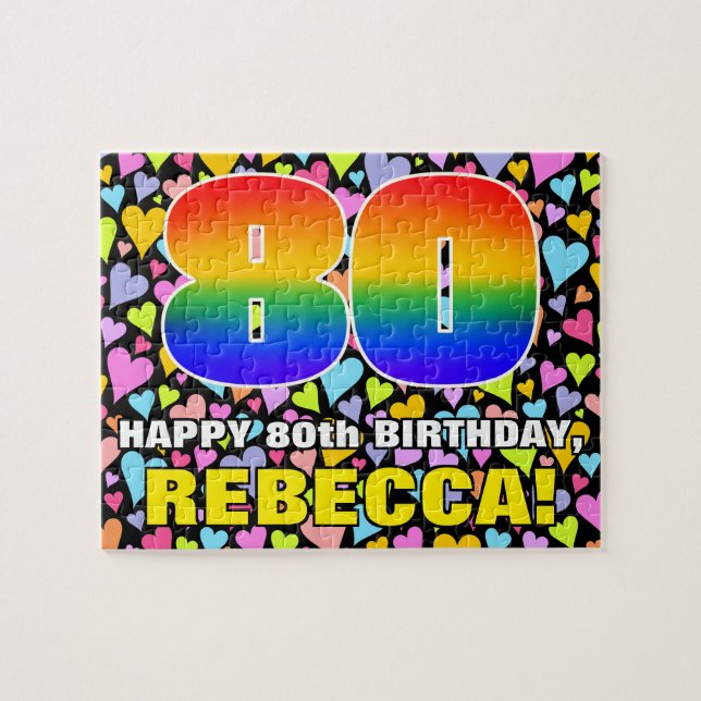 80. Geburtstag — Spaß, Liebende Herzformen + "80" (Horizontal)