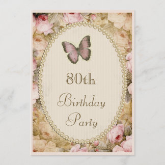 80. Geburtstag Vintagen Rose Schmetterling, Musikn Einladung