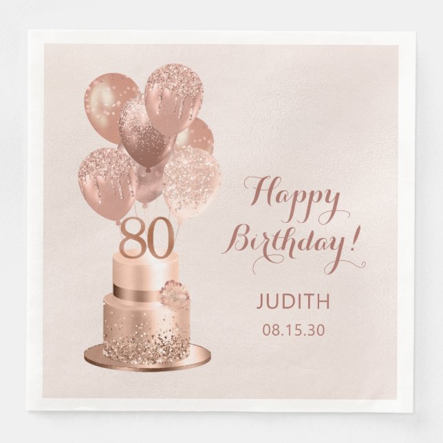 80. Geburtstags-Rose Gold Cake Serviette (Vorderseite)