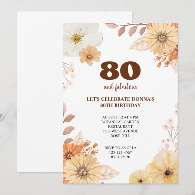 80. Geburtstagsfeier mit eleganten Blume Einladung (Vorne/Hinten)