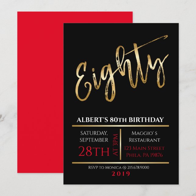 80. Geburtstagsgoldschwarze Party Einladung (Vorne/Hinten)