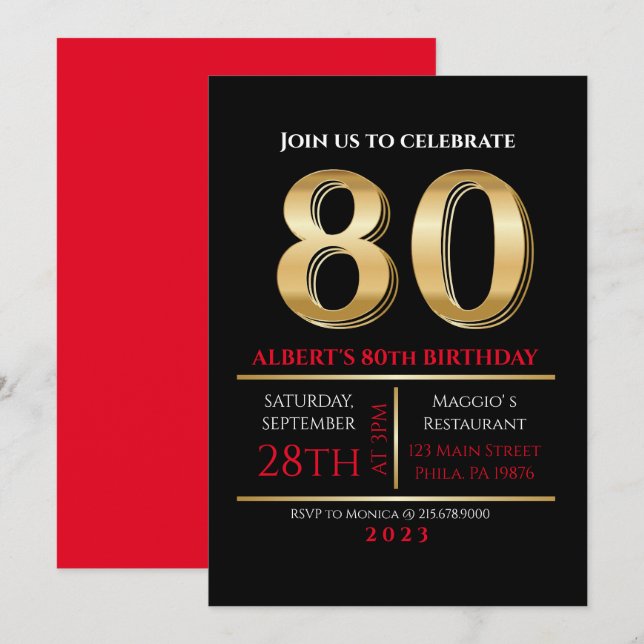 80. Geburtstagsgoldschwarze Party Einladung (Vorne/Hinten)