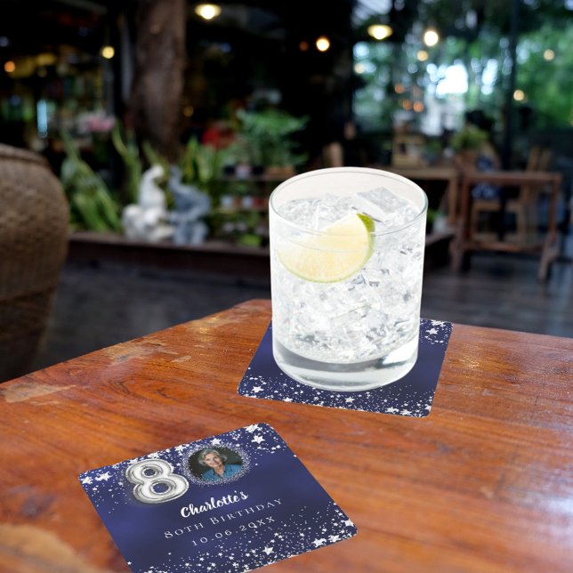 80. Geburtstagsnavy blauen Silberstars Foto Rechteckiger Pappuntersetzer (Von Creator hochgeladen)