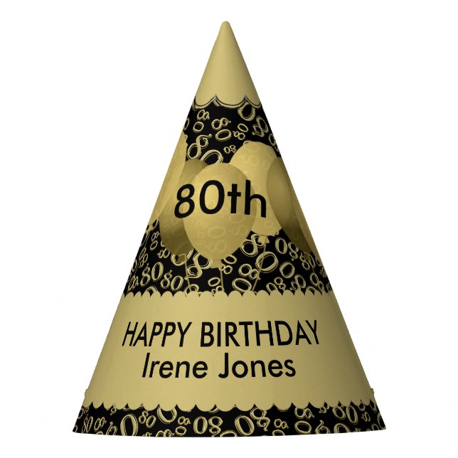 80. Geburtstagsnummernmuster Gold/Schwarz-Scallops Partyhütchen (Vorderseite)