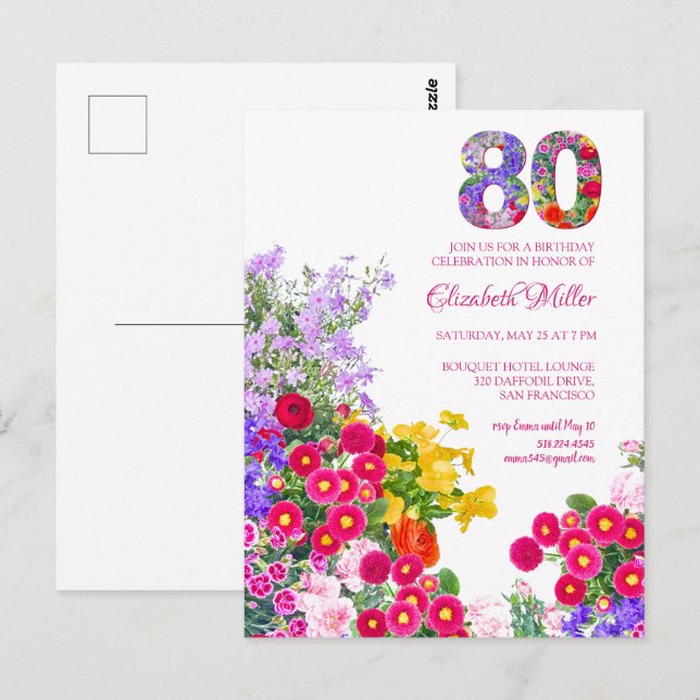 80. Geburtstagsparty Blumenladen Moderne Einladung Postkarte (Vorne/Hinten)