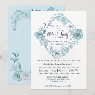 80. Geburtstagsparty Dusty Blue Watercolor Floral Einladung