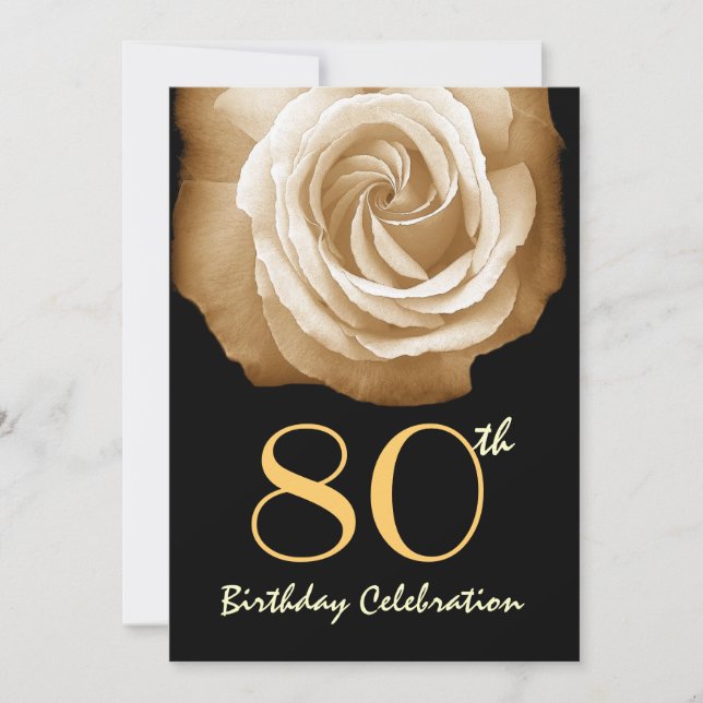 80. Geburtstagsparty Einladung GOLD Rose  (Vorderseite)
