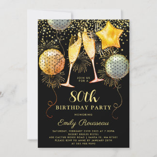 80. Geburtstagsparty Gold Black Glitzer Confetti Einladung